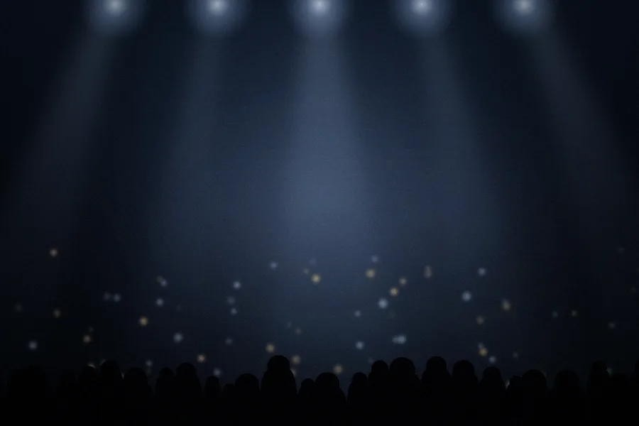 Stage with spotlights, haze and a crowd in shadow